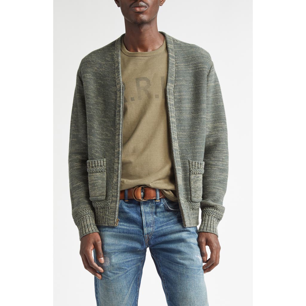 Double RL Cotton & Linen Blend Zip Cardigan in Teal Blue Heather