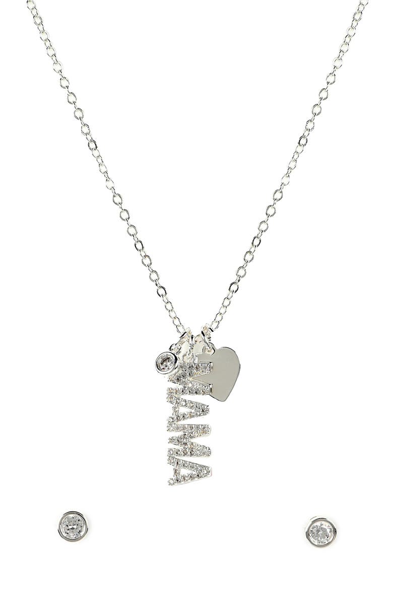 Danecraft Mama Necklace & Cubic Zirconia Stud Earrings Set, Alternate, color, Metallic Silver