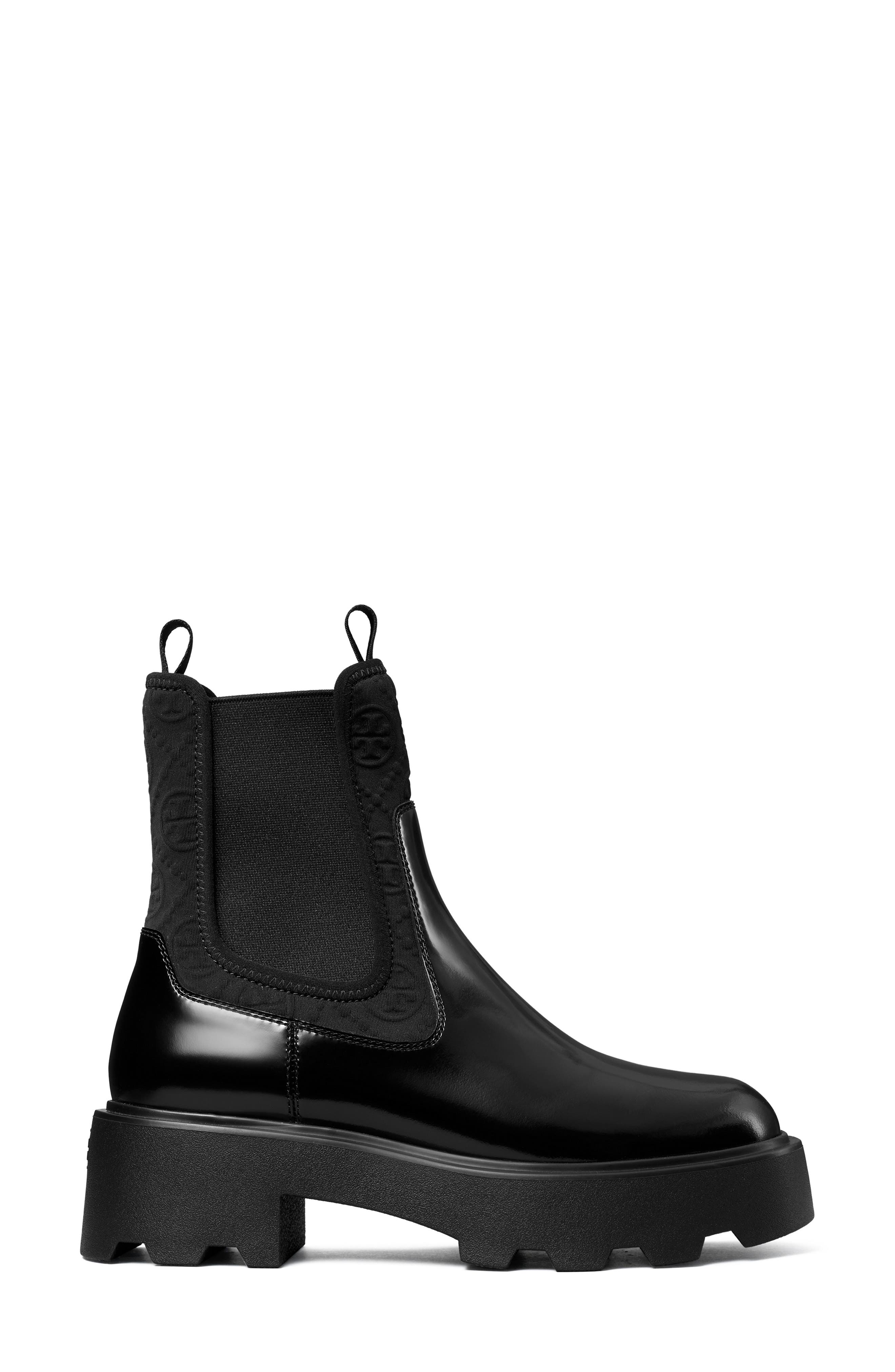 Tory Burch T Monogram Lug Sole Chelsea Boot, Alternate, color, Perfect Black