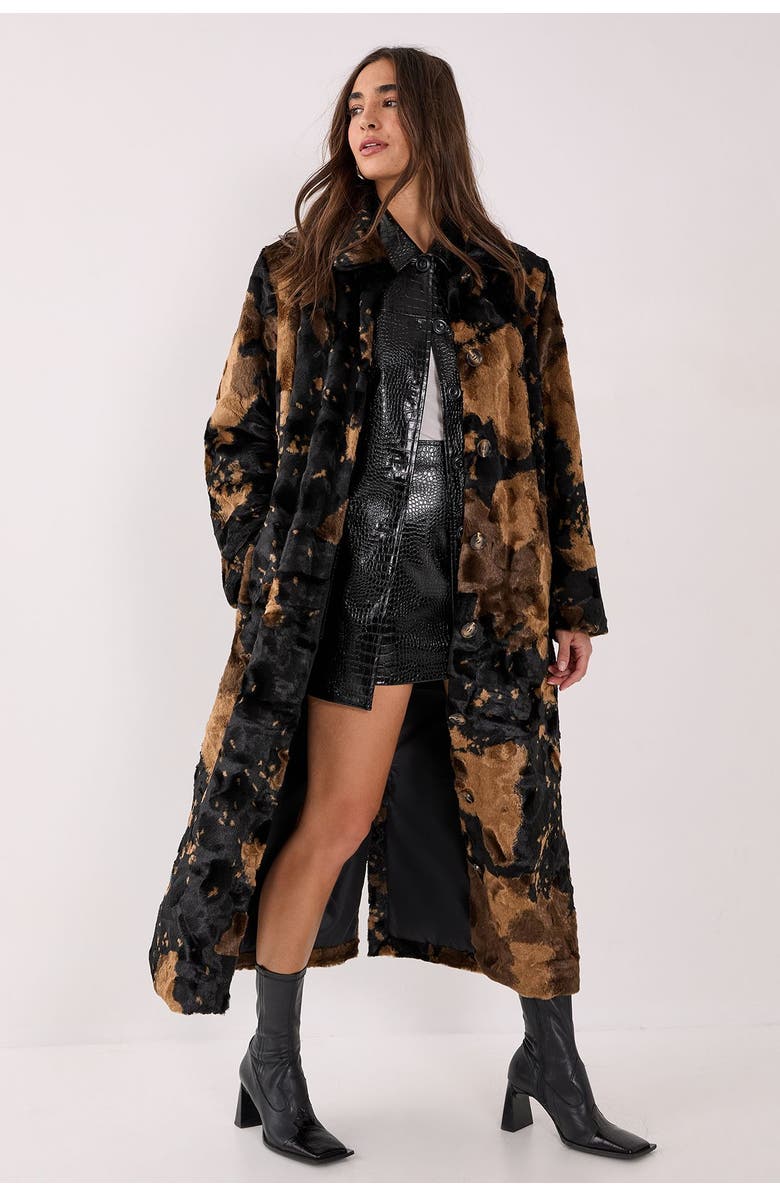 NASTY GAL Cow Print Faux Fur Longline Coat, Main, color, Brown