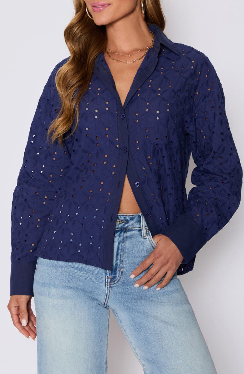 VICI Collection Garden Stroll Floral Eyelet Button-Up Shirt, Main, color, Navy