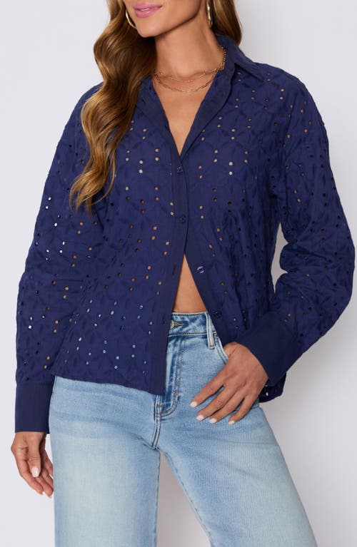 Vici Collection Garden Stroll Floral Eyelet Button-up Shirt In Blue