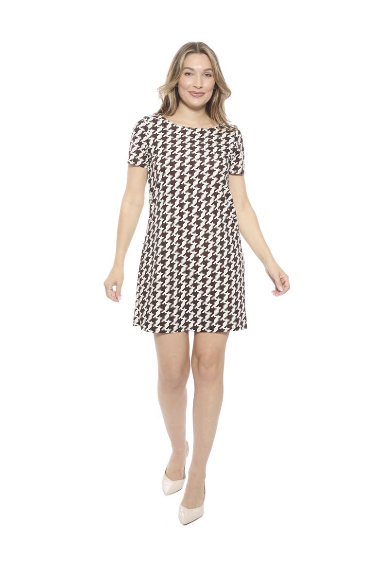Womens Geometric Short Sleeve Round Neck Mini Shift Dress, Main, color, Brown Multi