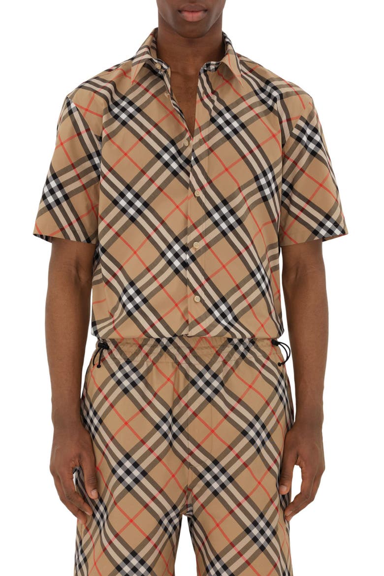 Check Short Sleeve Cotton Poplin Button-Up Shirt, Main, color, SAND IP CHECK