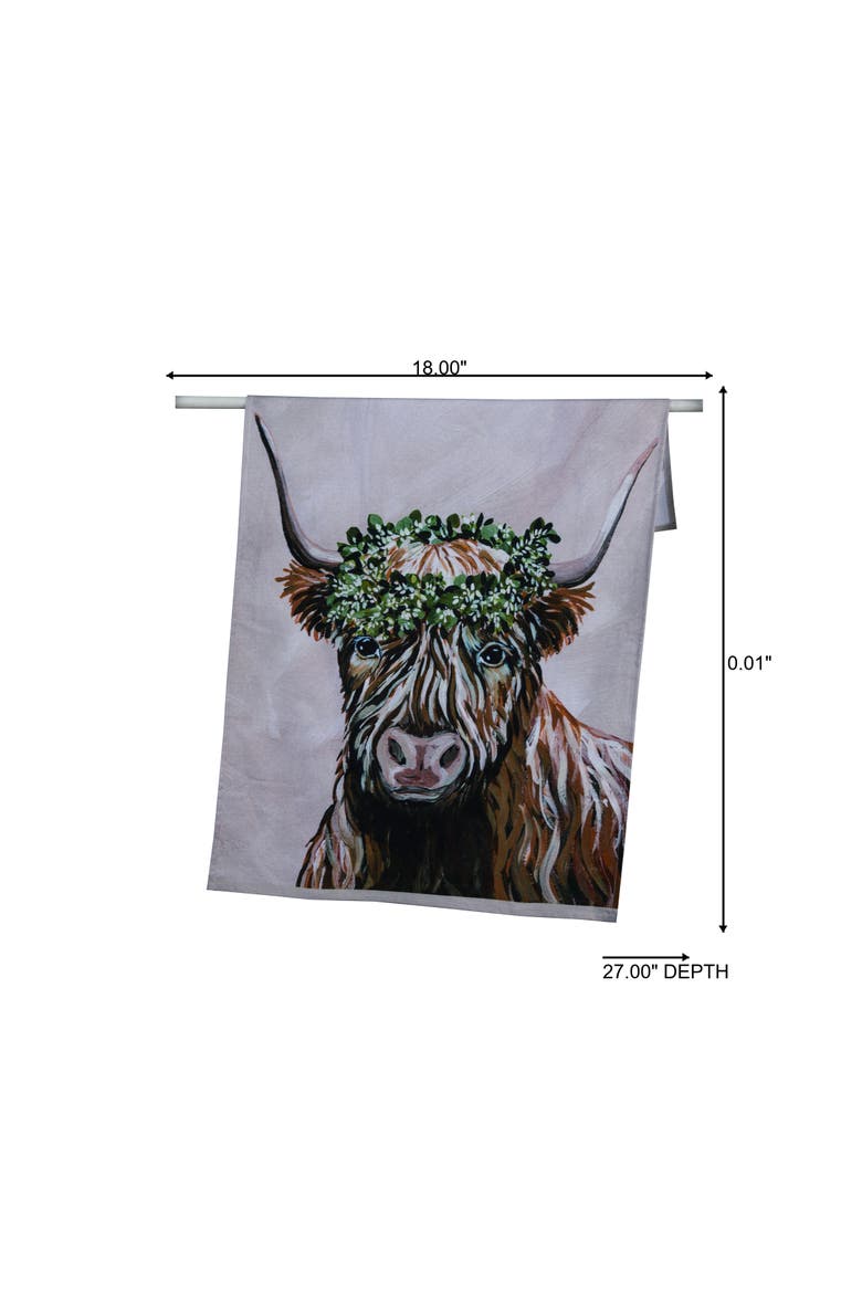 Fabric Highland Cow with Sage Crown Tea Towel Cotton Multicolored for Spring Serving and Entertaining, Alternate, color, Multicolored