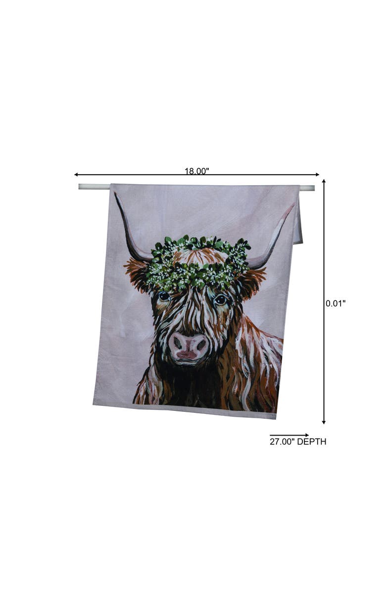 Transpac Fabric Highland Cow with Sage Crown Tea Towel Cotton Multicolored for Spring Serving and Entertaining, Alternate, color, Multicolored