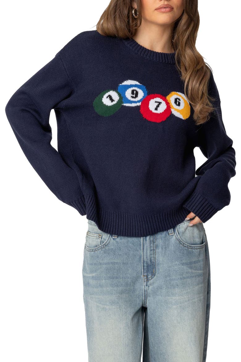 1976 Billiards Cotton Graphic Crewneck Sweater, Main, color, NAVY