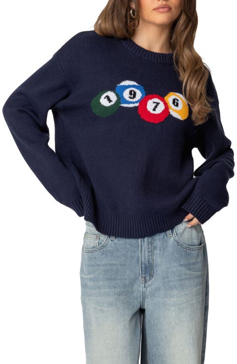 1976 Billiards Cotton Graphic Crewneck Sweater