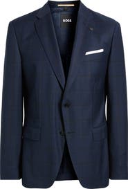 BOSS Hutson Slim Fit Navy Windowpane Check Wool Sport Coat