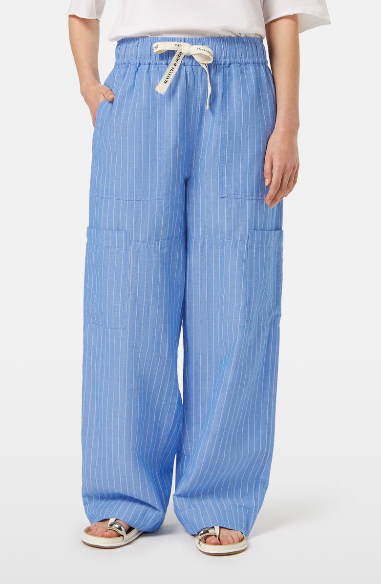 Scotch & Soda Noa High Waist Wide Leg Cotton & Linen Cargo Pants, Main, color, Blue And White Pin Stripe