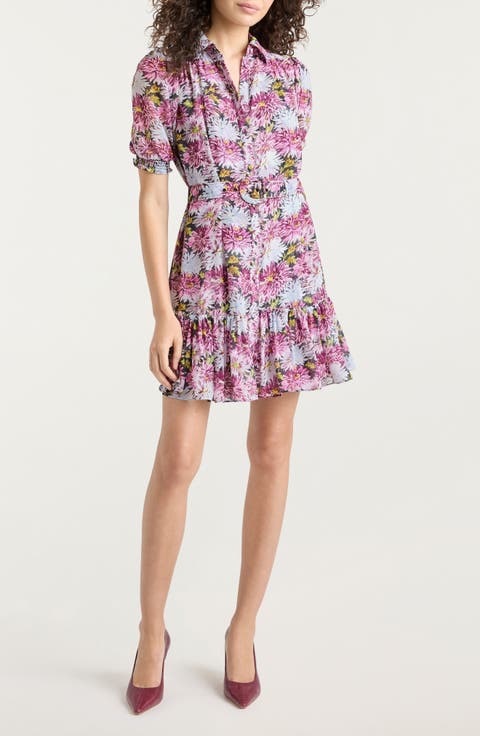 Halbini Dahlia Print Puff Sleeve Belted Shirtdress
