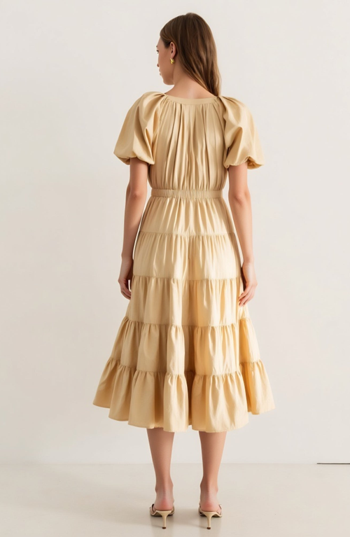Modenaire Tiered Midi Dress With Puff Sleeves And Tie Waist In Yellow