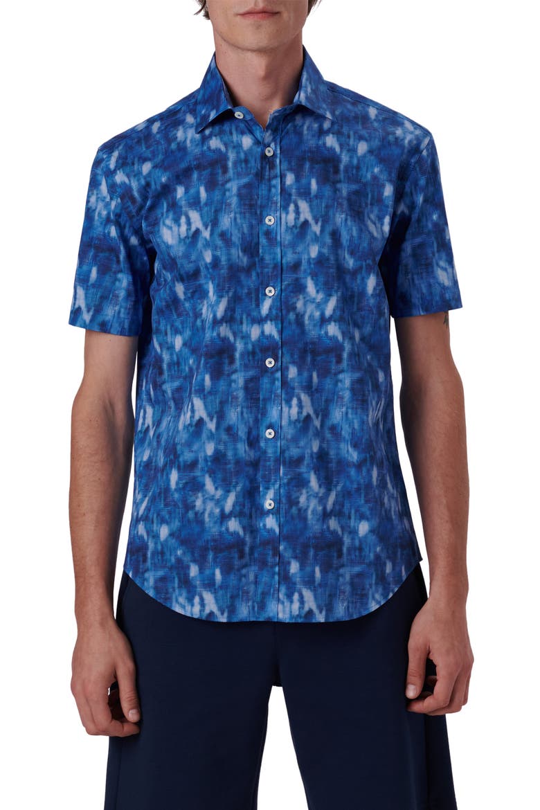 Shaped Fit Print Stretch Cotton Short Sleeve Button-Up Shirt, Main, color, FRENCH BLUE