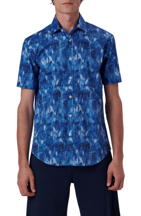Shaped Fit Print Stretch Cotton Short Sleeve Button-Up Shirt
