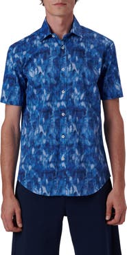 Bugatchi Shaped Fit Print Stretch Cotton Short Sleeve Button-Up Shirt