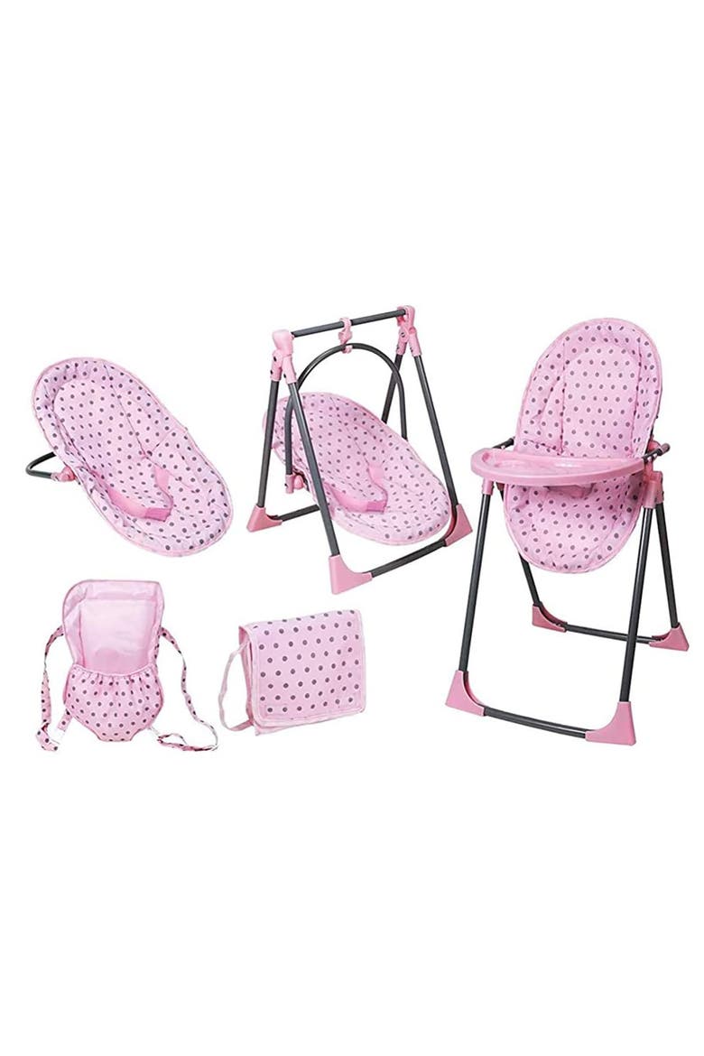 6 In 1 Convertible Highchair Play Set, Pink & Grey Polka Dot, Fits Up To 18 Inches, Main, color, Multicolored