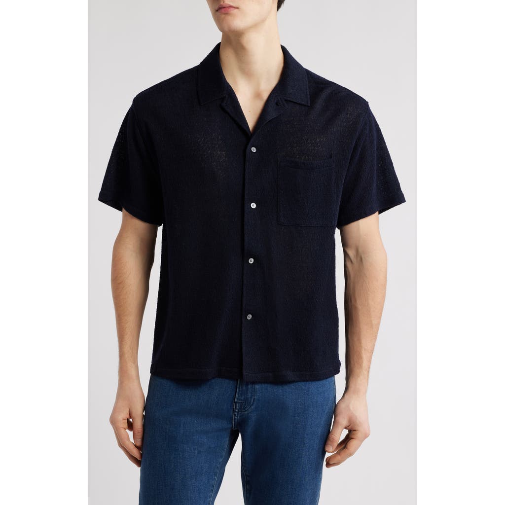 Frame Wool Blend Terry Button-up Shirt In Dark Navy
