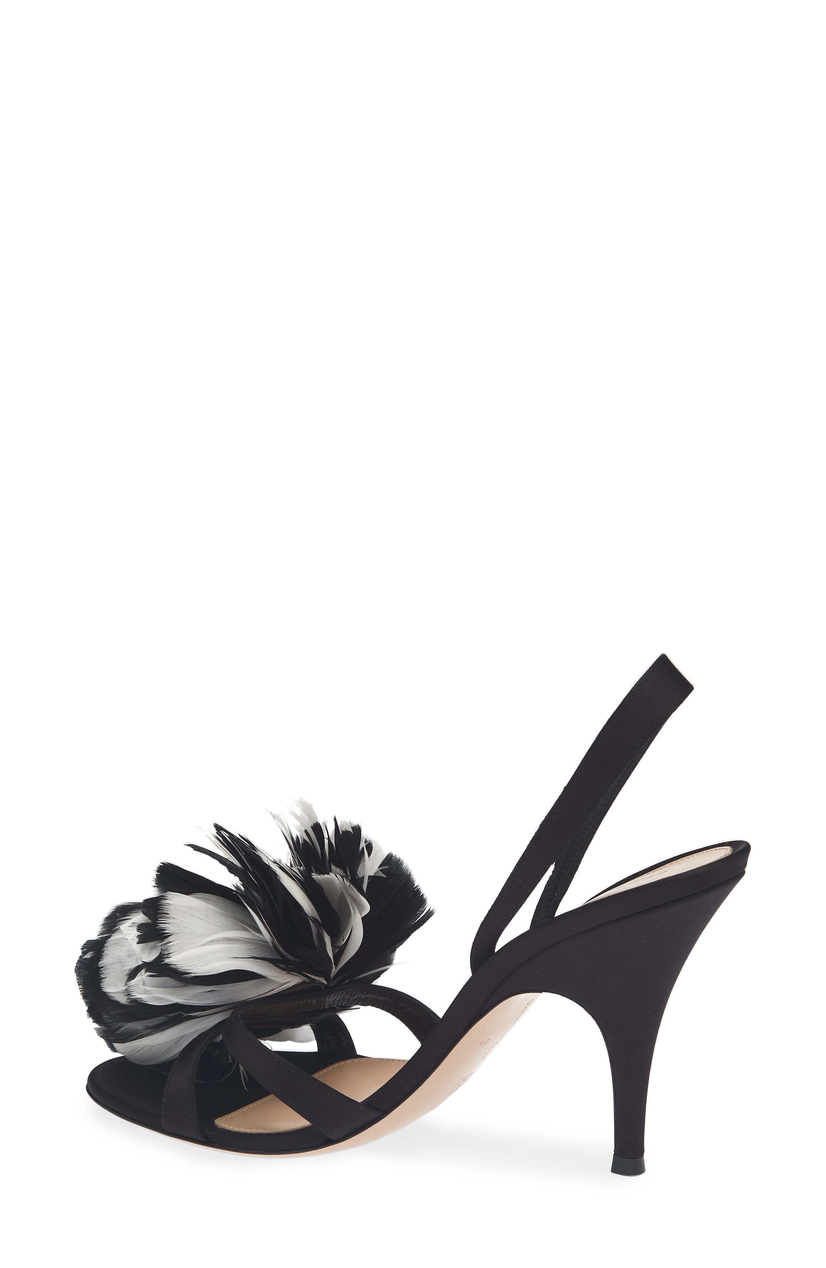 Fenice Satin & Feather Slingback Sandal, Alternate, color, BLACK WHITE
