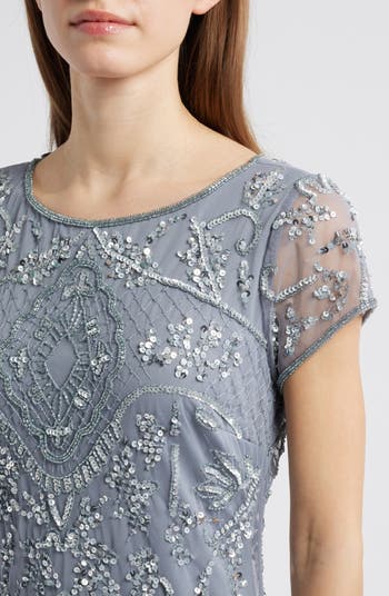 Beaded Mesh Midi Cocktail Dress