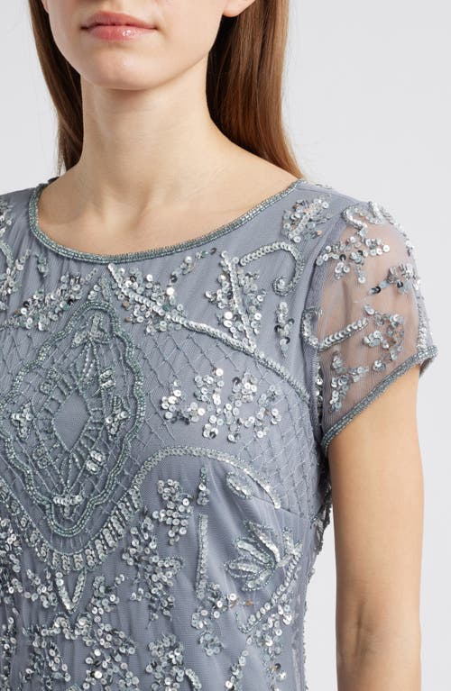 Pisarro Nights Beaded Mesh Midi Cocktail Dress In Soft Blue