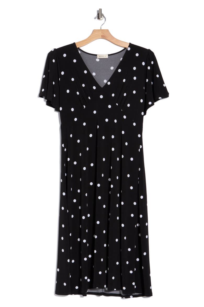 Flutter-Sleeved V-Neck Midi Dress, Alternate, color, BLACK/ WHITE POLKA DOT