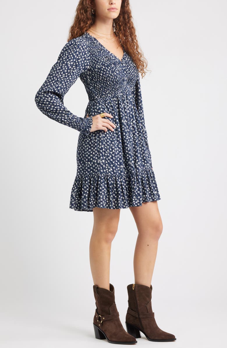 Treasure & Bond Long Sleeve Smocked Bodice Dress, Alternate, color, Navy- Grey Ditsy Trail