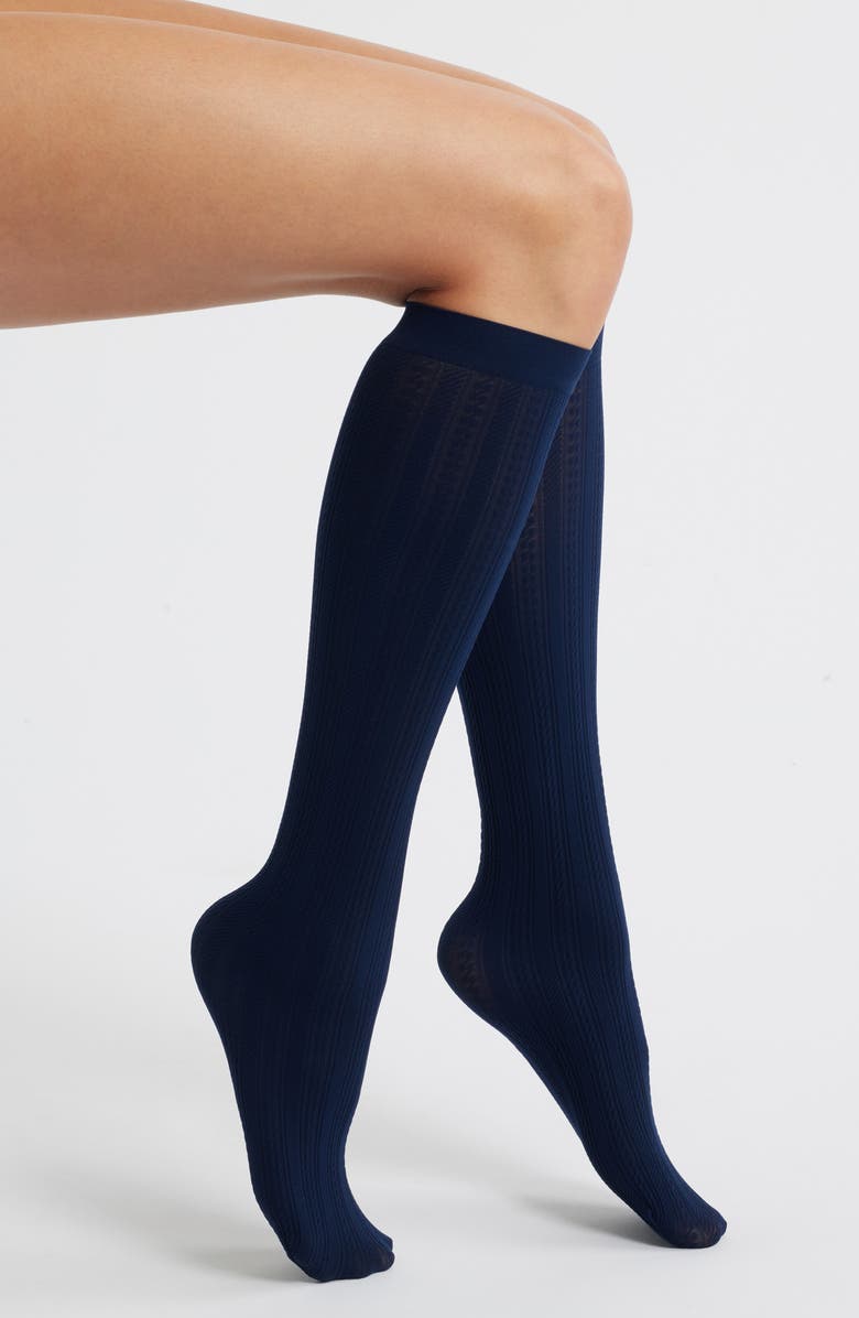 Hue Cable Knee High Socks, Main, color, Navy