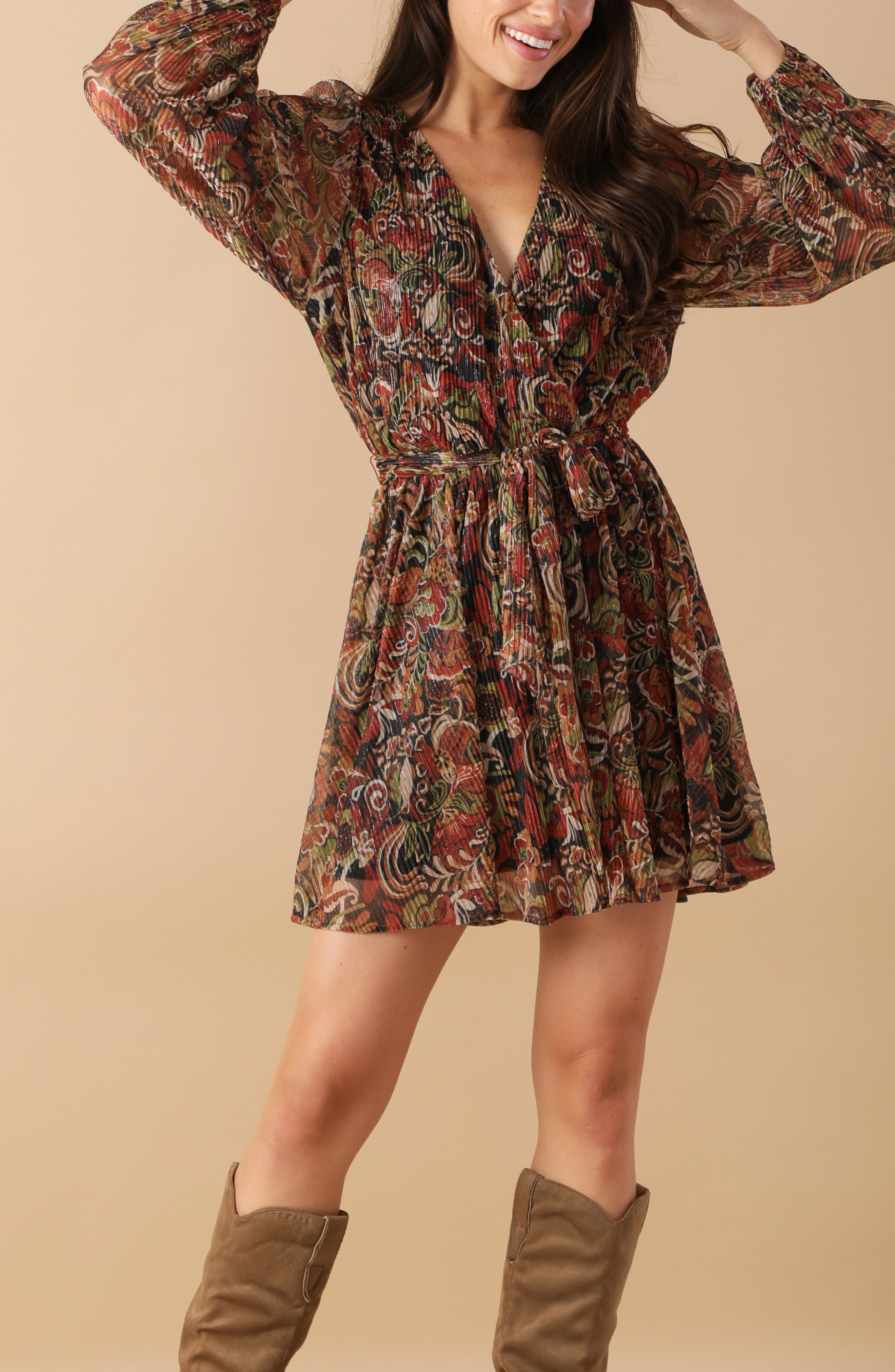 Long Sleeve Metallic Plissé Minidress