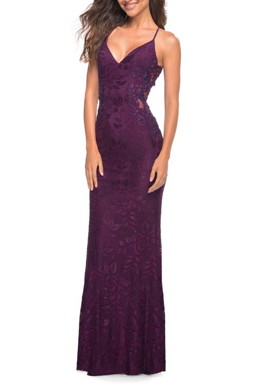 La Femme Lace Prom Dress with Illusion Embellished Sides