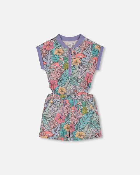 Little Girl's Printed French Terry Romper Lilac Tropical And Pink Flamingos