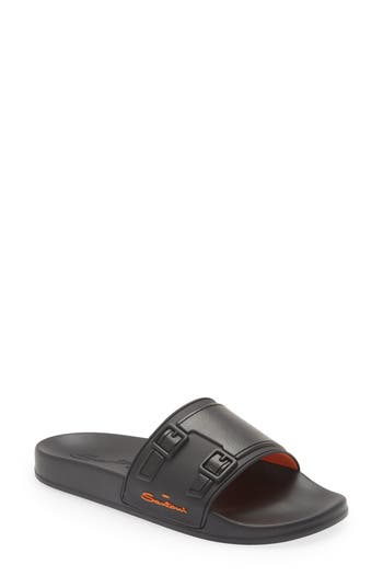Santoni Men's Edison Rubber Double Buckle Style Slides In Black Black
