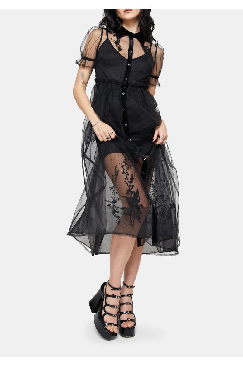 Aria Embroidered Tulle Shirt Dress, Alternate, color, Black