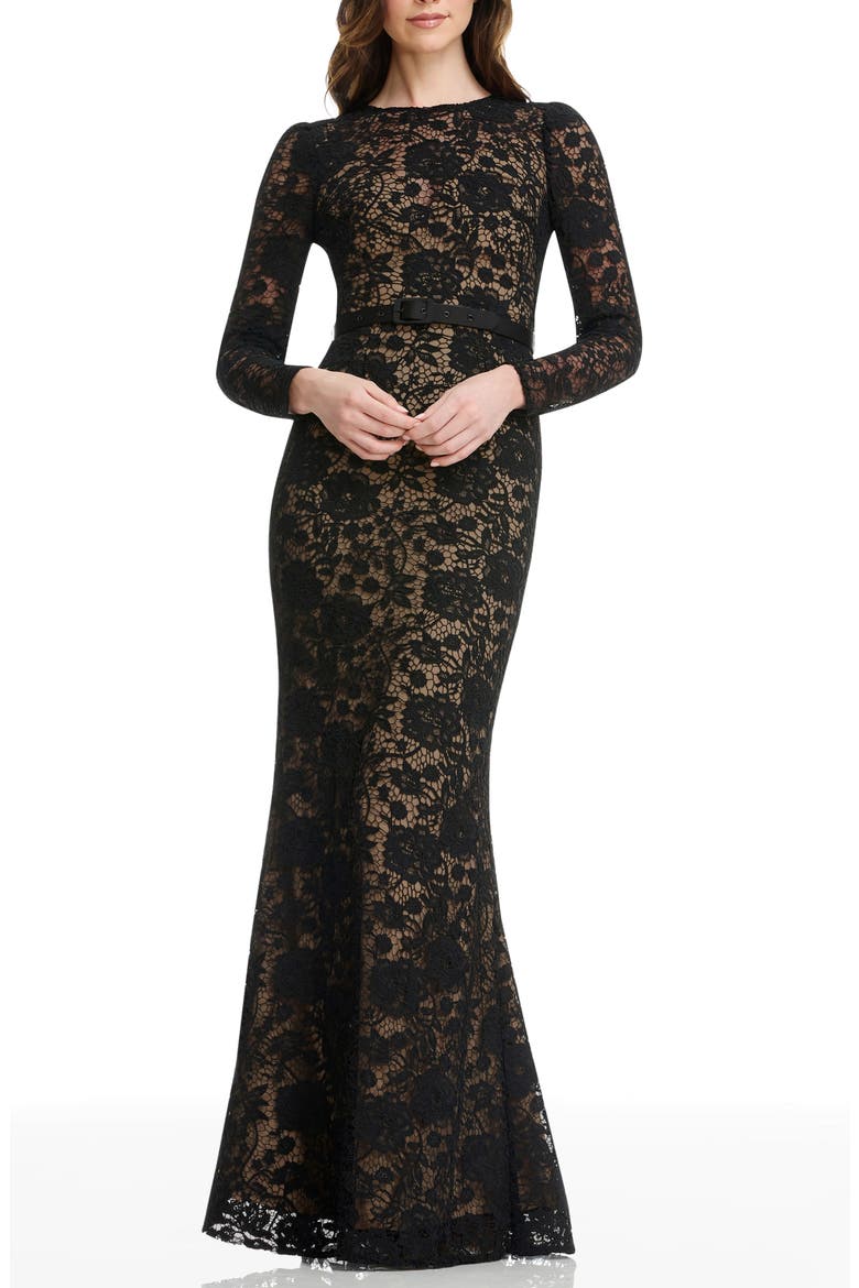 Tamra Floral Lace Long Sleeve Mermaid Gown, Main, color, BLACK