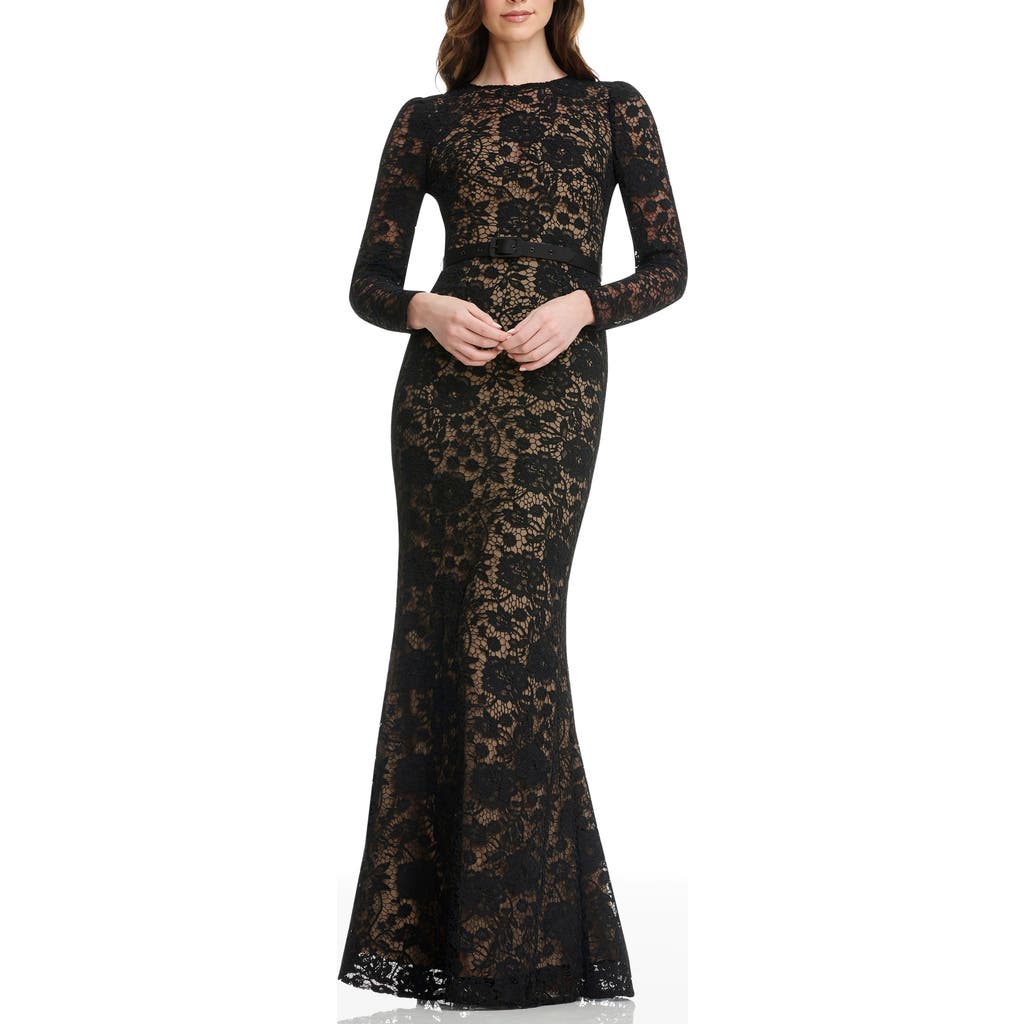 Dress The Population Tamra Floral Lace Long Sleeve Mermaid Gown In Black