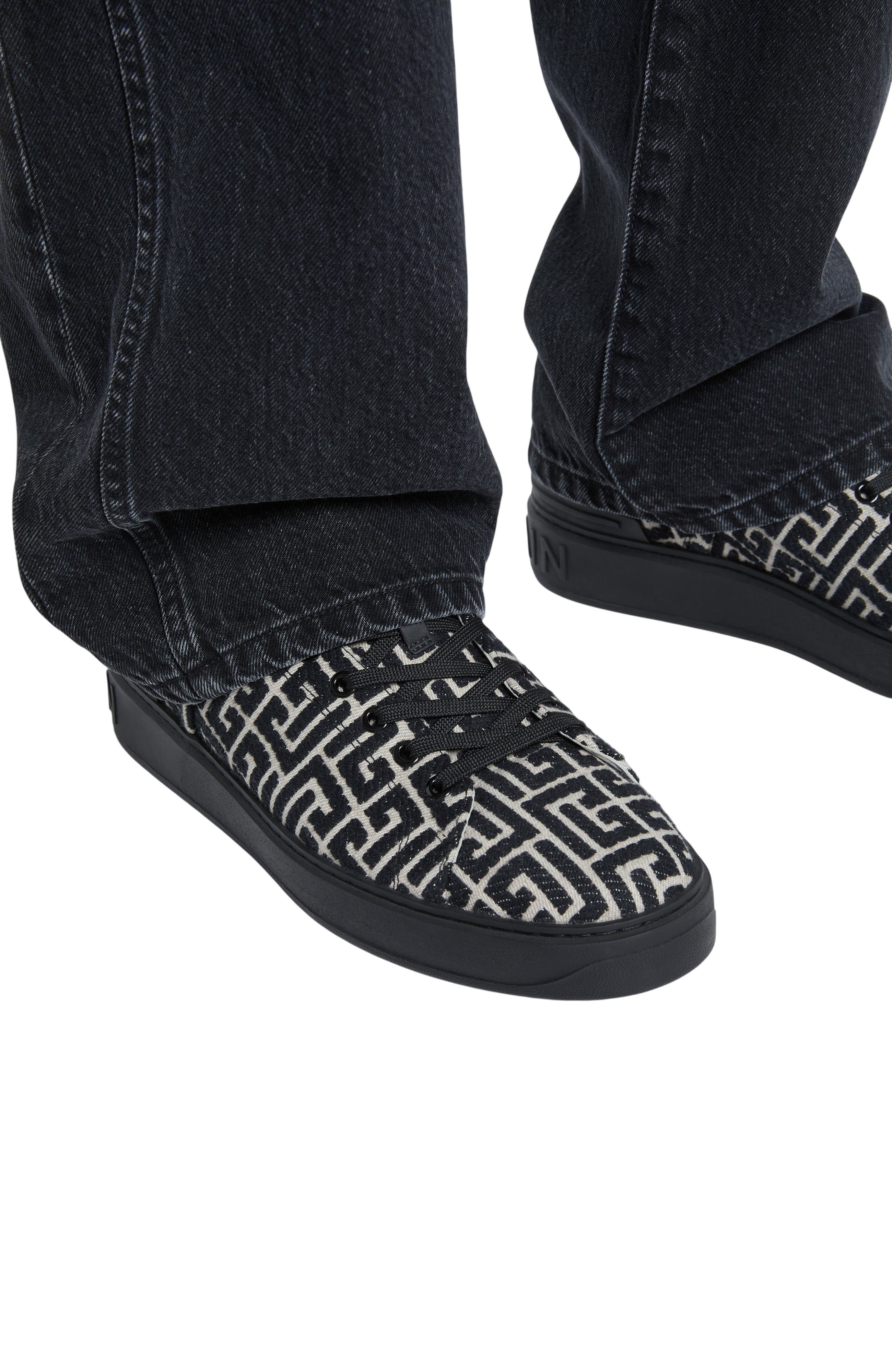 B-Court trainers in leather and Monogram jacquard, Alternate, color, black