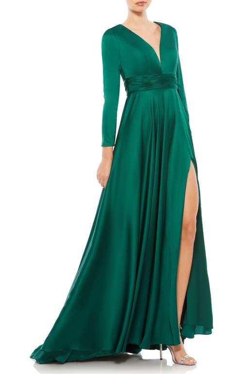 Mac Duggal Long Sleeve Ruched Waist A-line Gown In Emerald