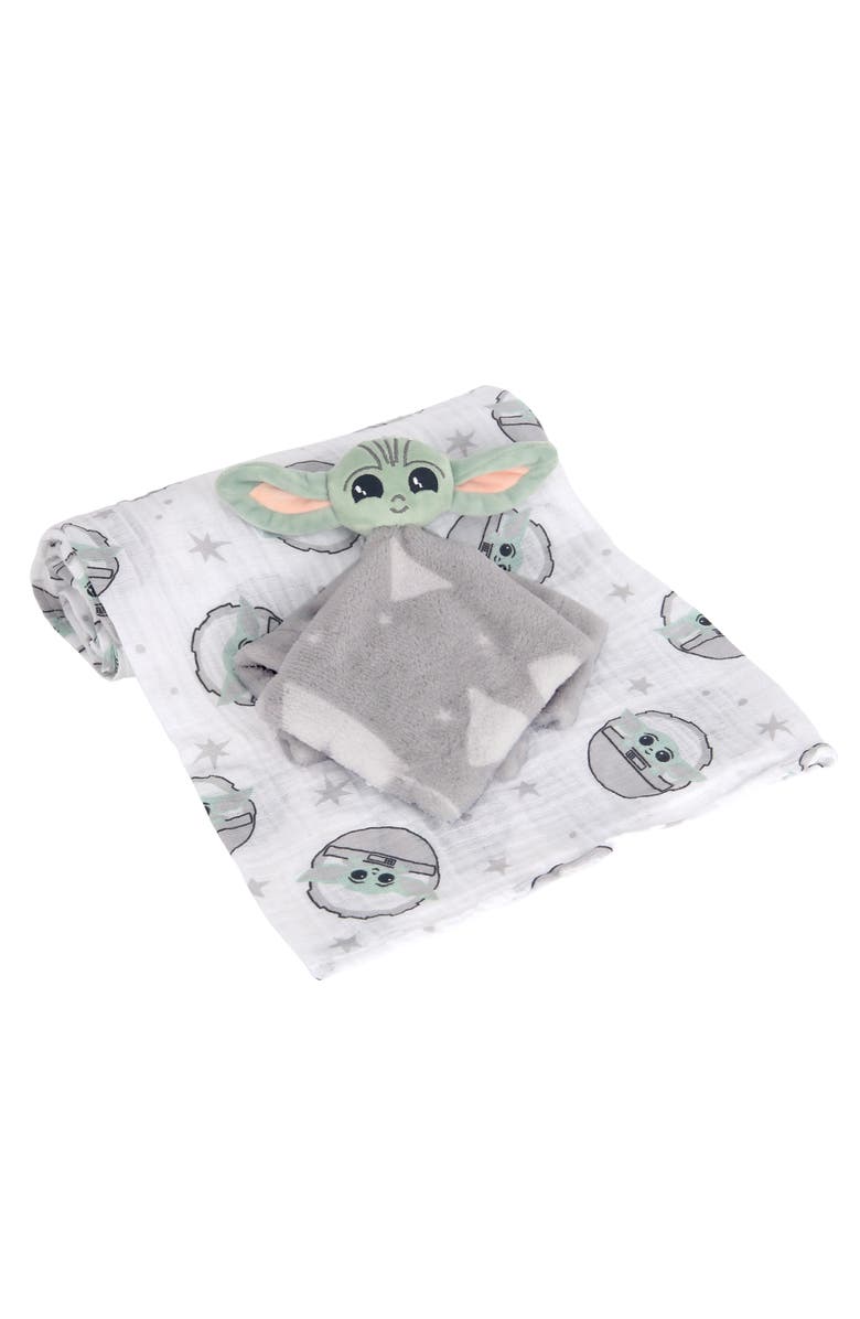Lambs & Ivy Star Wars Baby Yoda/The Child Swaddle Blanket & Lovey Gift Set, Main, color, White