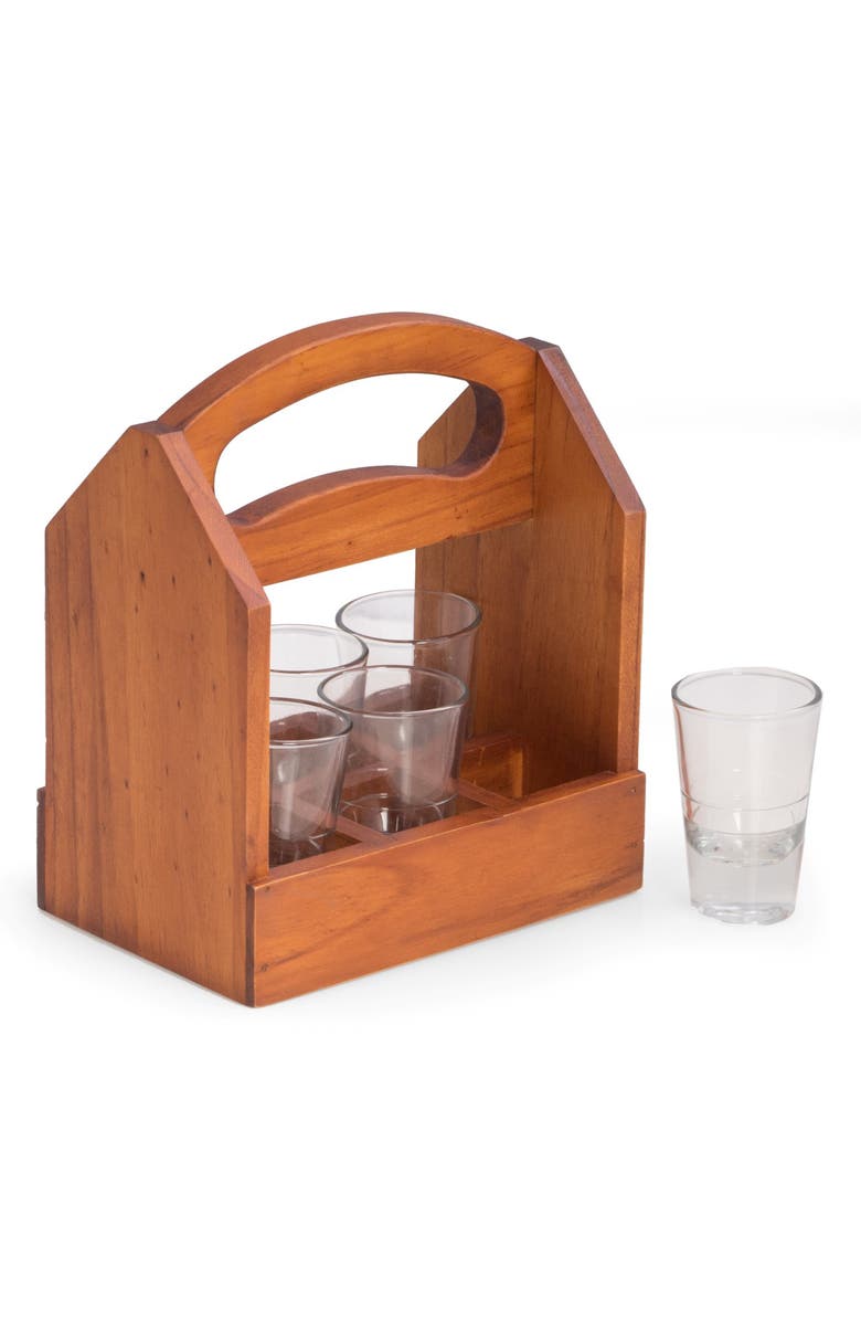 Bey-Berk Set of 6 Shot Glasses & Wooden Caddy, Main, color, Brown