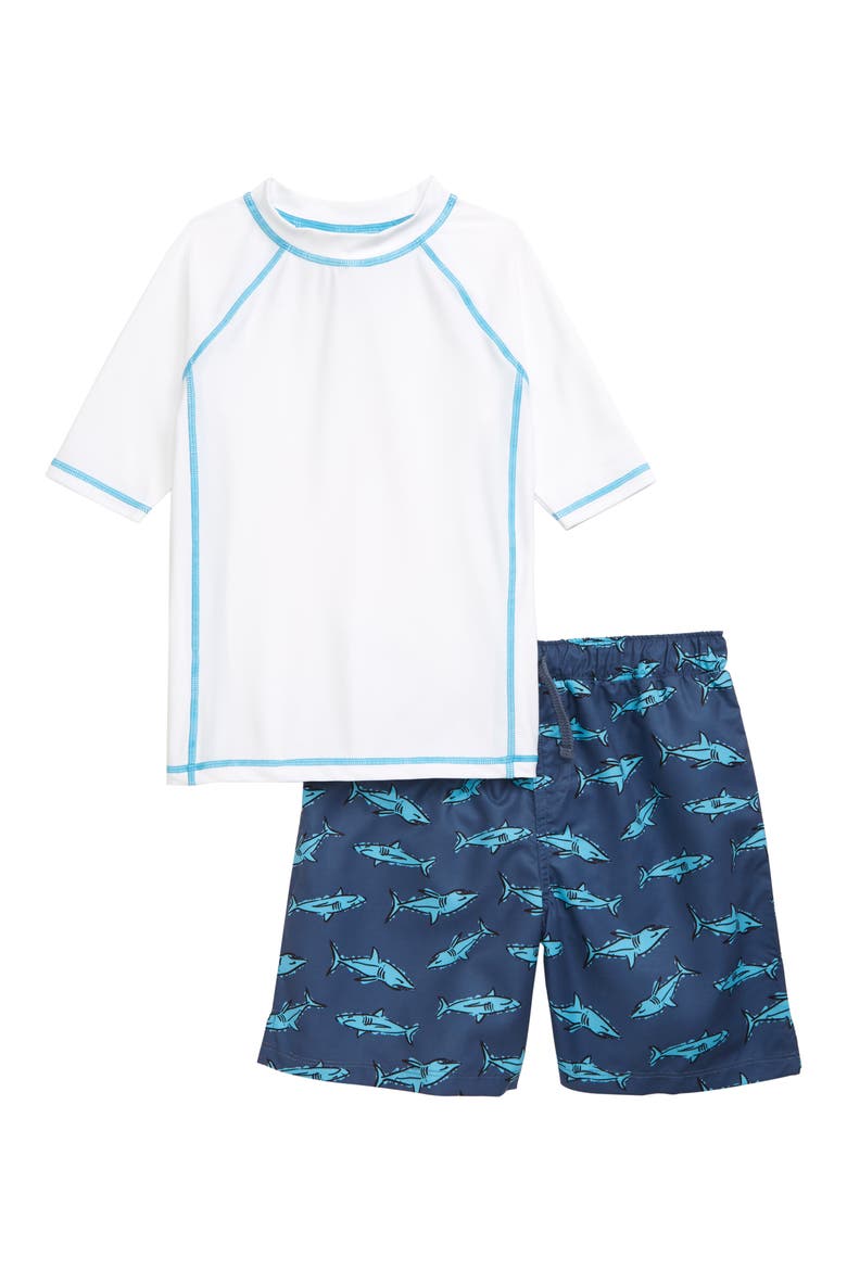 Kids' Two-Piece Rashguard Swimsuit, Main, color, WHITE- BLUE SKETCHY SHARKS