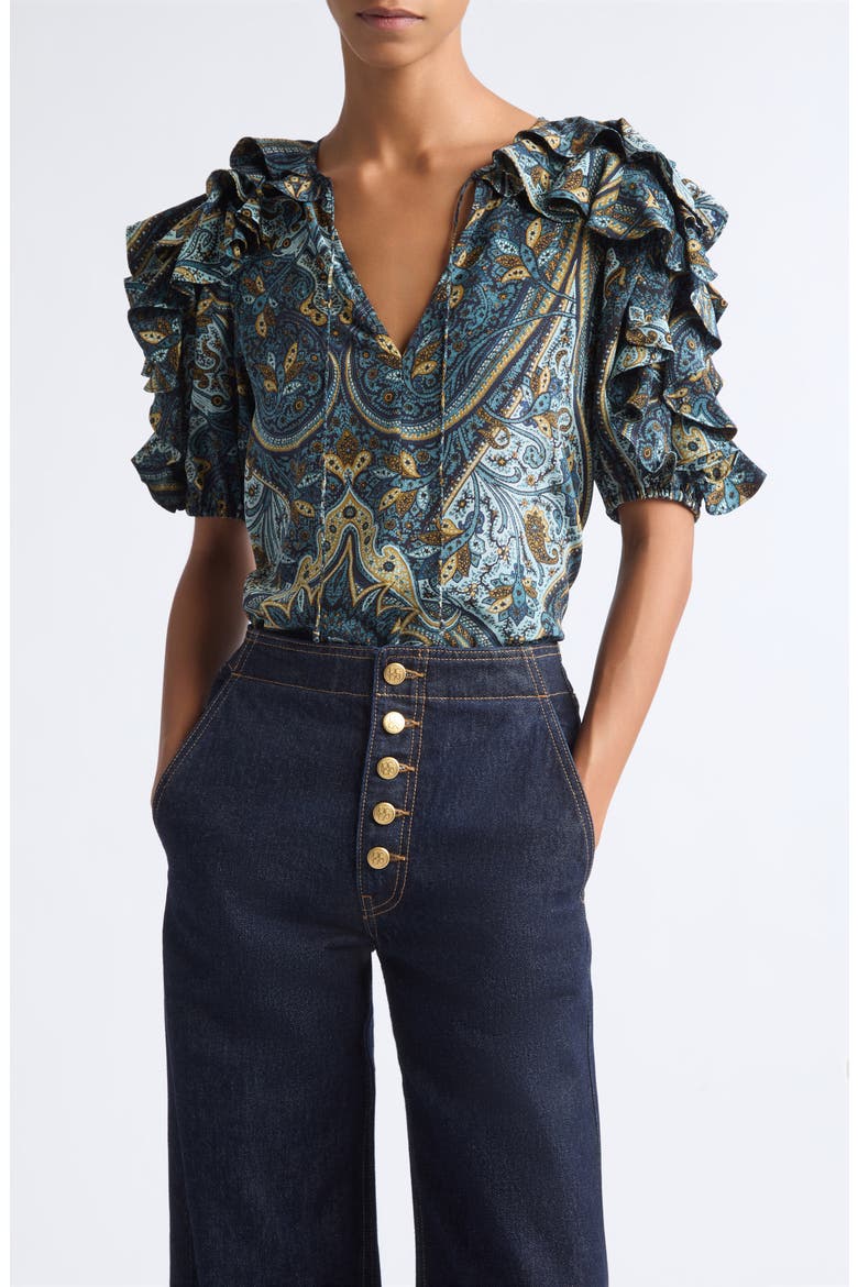 Josephine Ruffled Silk Top, Main, color, PRUSSIAN