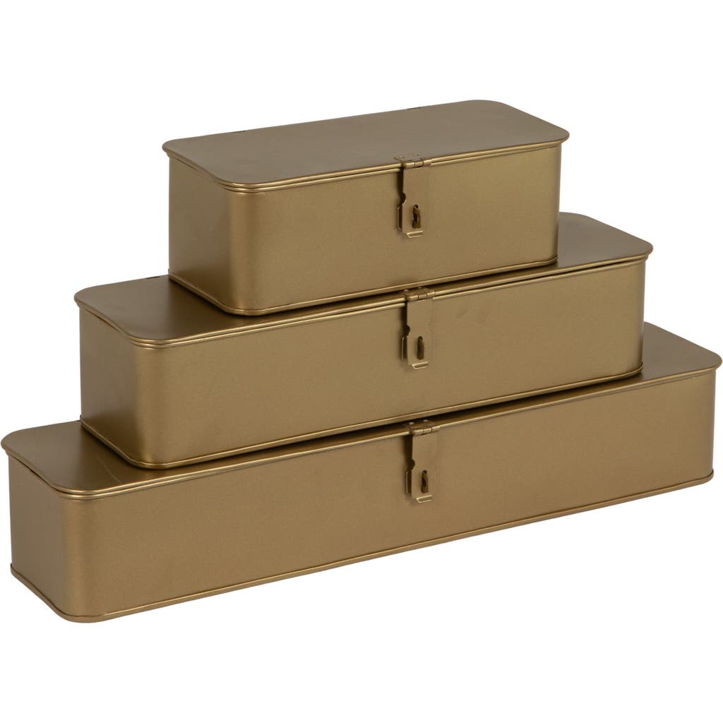 Storied Home Long Decorative Metal Boxes With Lid, Gold, Set Of 3 In Brown