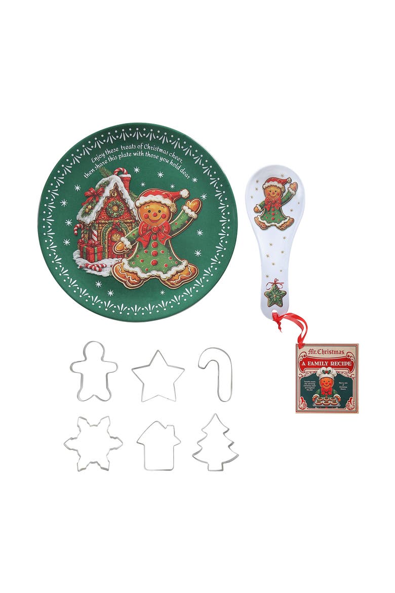 12 in. Gingerbread Plate, Spoon Rest & 6-Piece Cookie Cutter Baking Gift Set with Recipe, Main, color, Multicolored