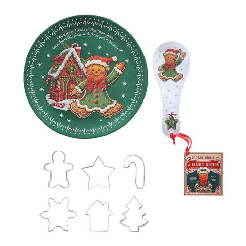 12 in. Gingerbread Plate, Spoon Rest & 6-Piece Cookie Cutter Baking Gift Set with Recipe