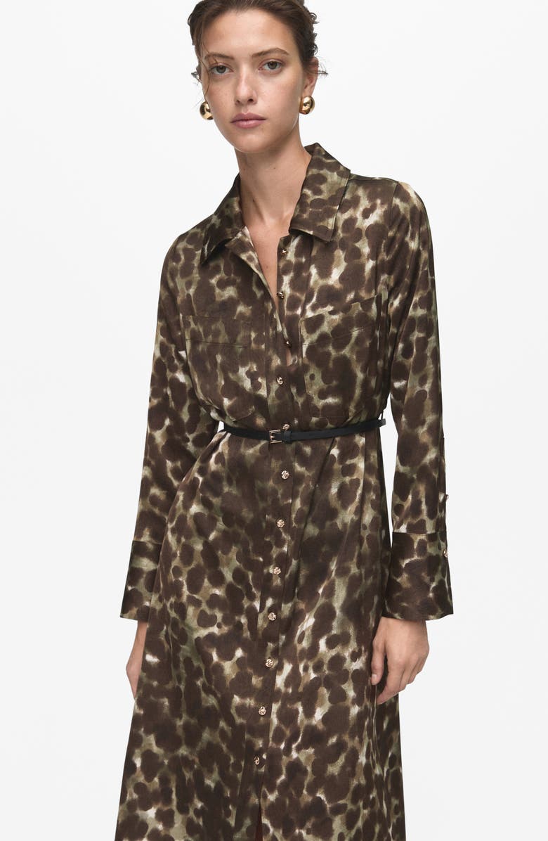 MANGO Print Belted Long Sleeve Maxi Shirtdress, Alternate, color, Khaki