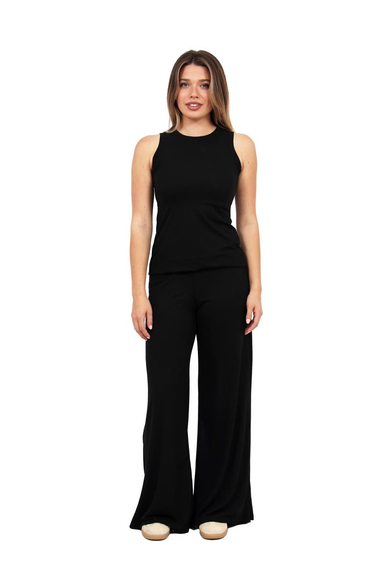 24seven Comfort Apparel Womens Basic Ribbed Knit Tank Top and Elastic Waist Wide Leg Pant Set, Main, color, Black