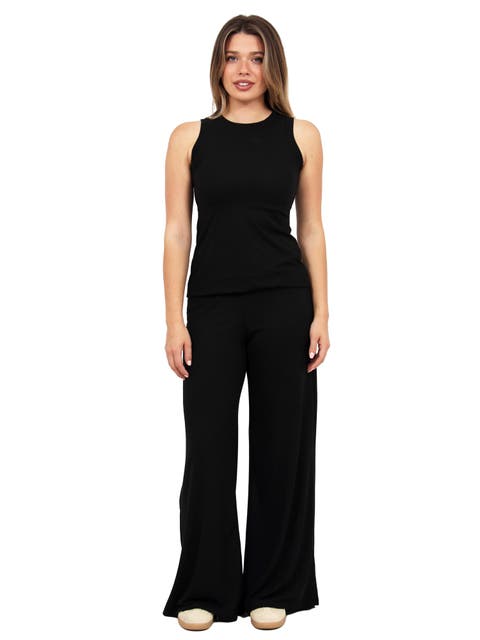 Womens Basic Ribbed Knit Tank Top and Elastic Waist Wide Leg Pant Set