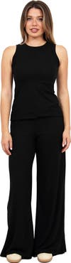 24seven Comfort Apparel Womens Basic Ribbed Knit Tank Top and Elastic Waist Wide Leg Pant Set