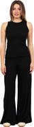24seven Comfort Apparel Womens Basic Ribbed Knit Tank Top and Elastic Waist Wide Leg Pant Set