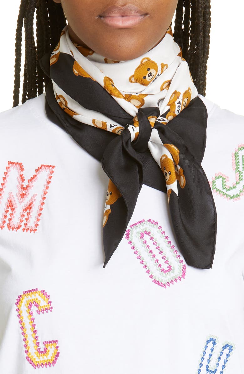 Moschino Mini Bear Print Square Silk Scarf, Alternate, color, 