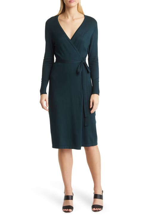 Long Sleeve Faux Wrap Sweater Dress